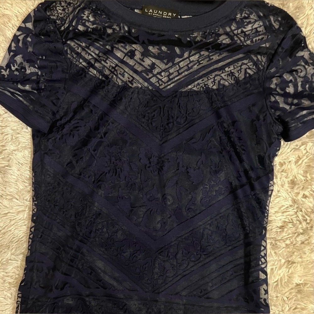 Laundry By Shelli Segal Midnight Blue Lace Blouse NWOT